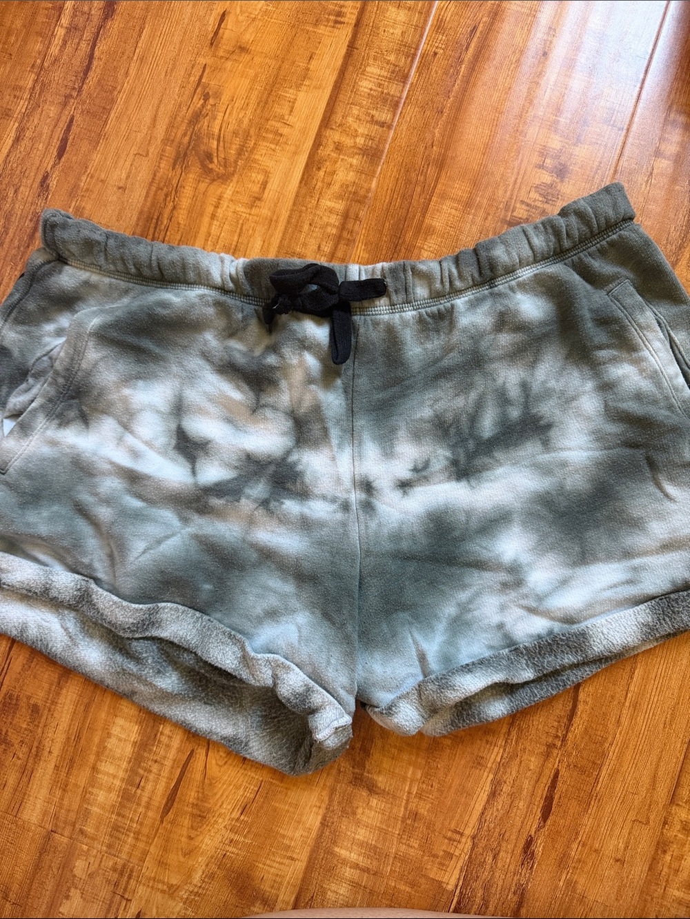 PINK Victoria's Secret Sage Green Tie-Dye Athletic Shorts with Black Drawstring